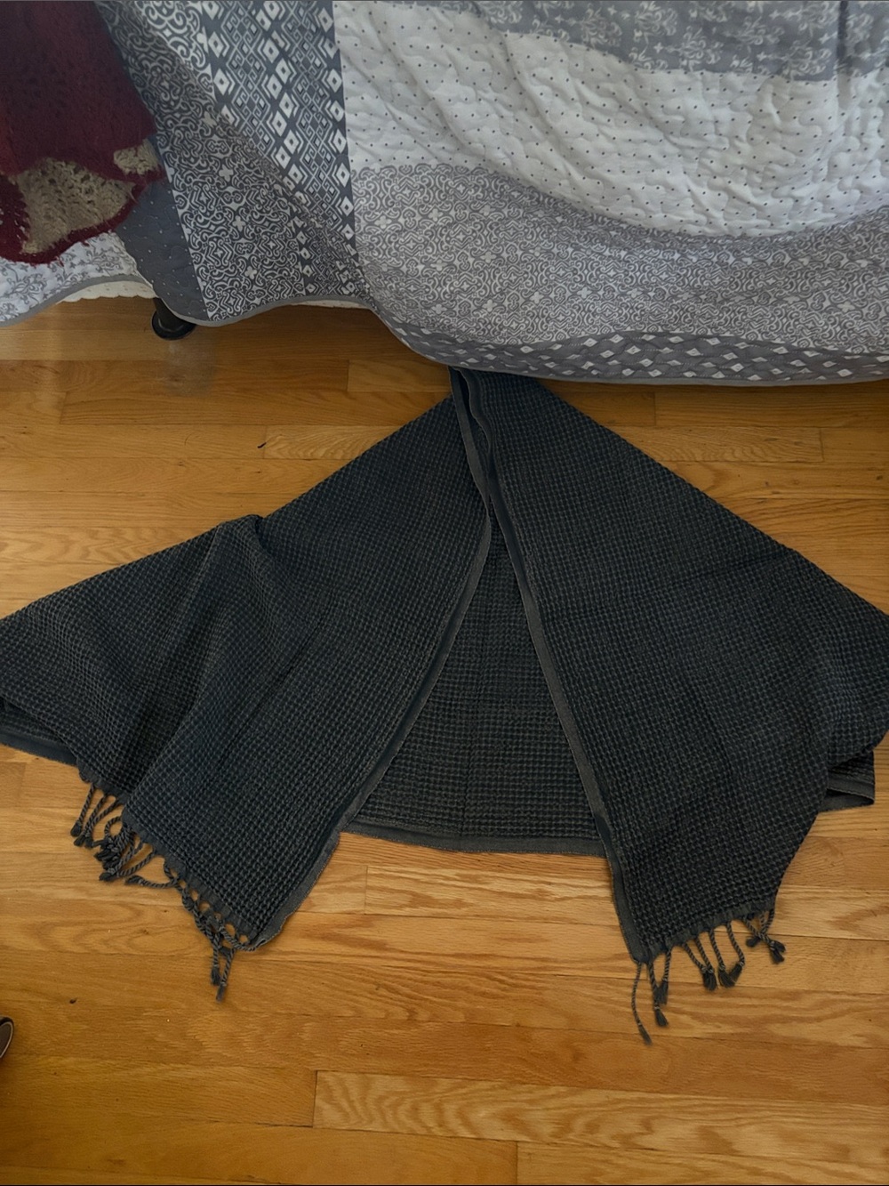 Waffle Texture Fringe Scarf Wrap - Charcoal Gray
